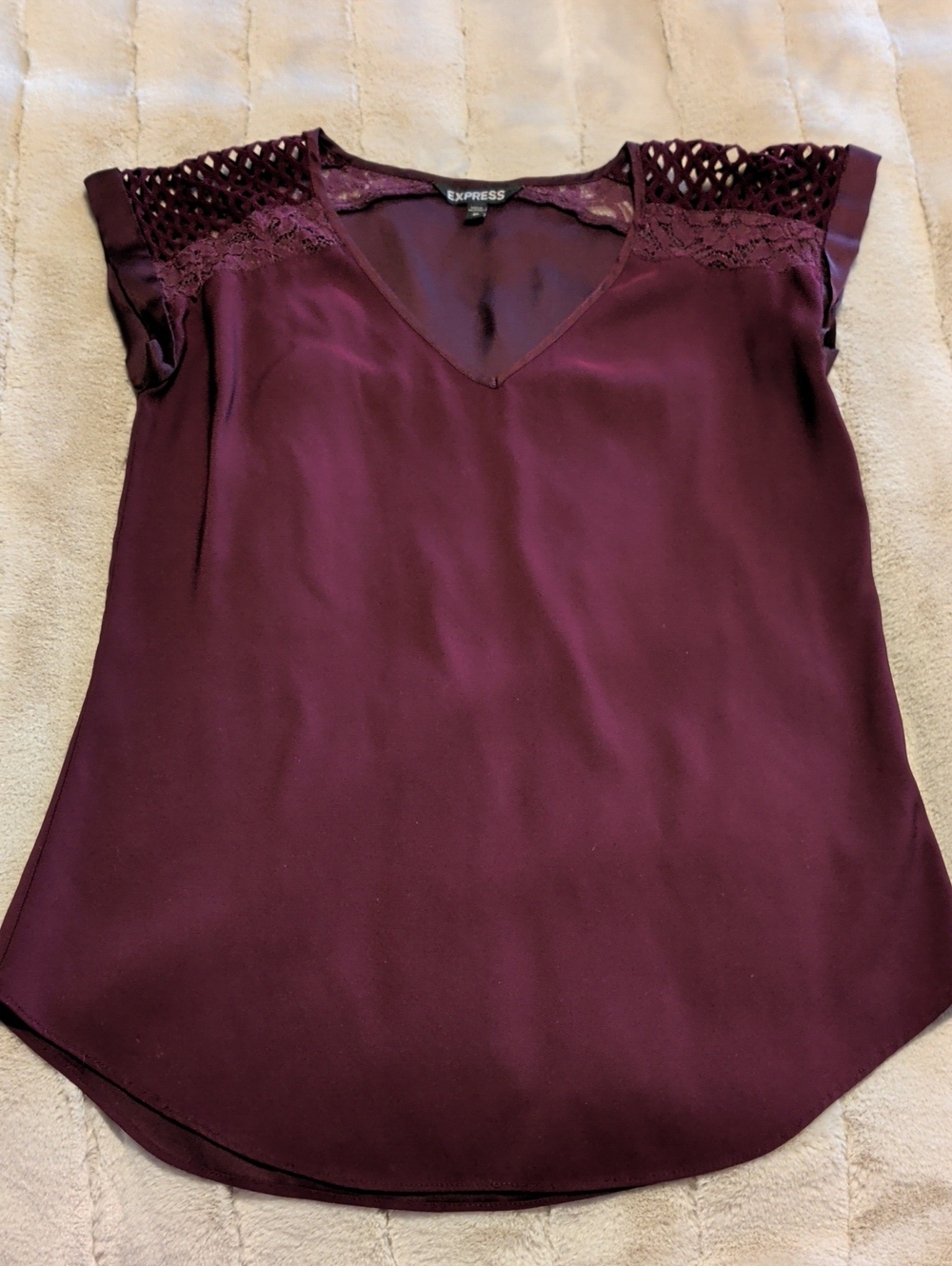 Express V-Neck Lace & Crochet Sleeve Top — Burgundy